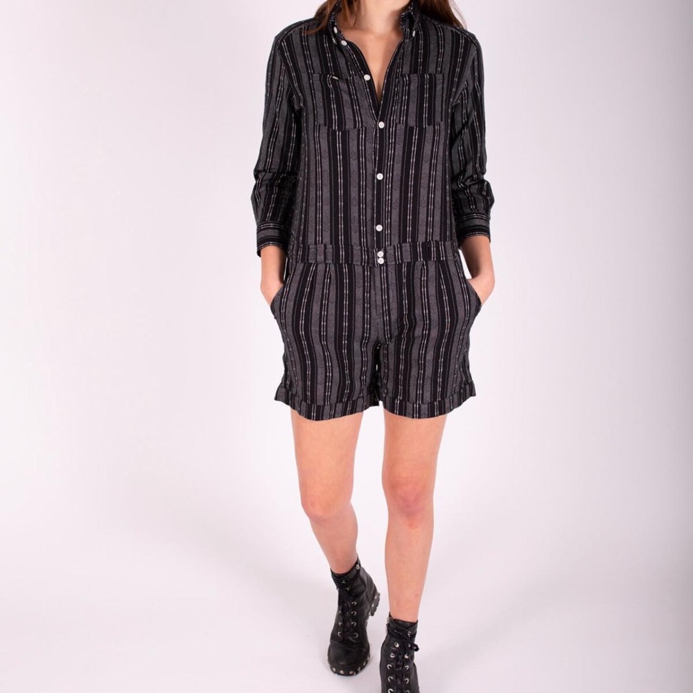 Urban Outfitters Afternoon The Weslayan Romper in linen black and white stripes